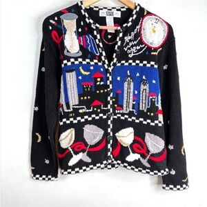 VTG 90s Segue New Years Eve Ugly Sweater M Black Embroidered Champagne Granny
